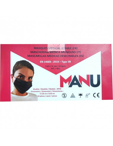 Mouthmask 3-ply IIR Black incl. elastic 50 pieces