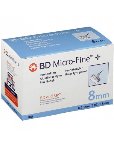 Agulhas de caneta de parede fina BD Microfine + 8mm 100 peças