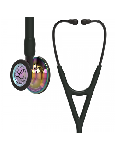Littmann Cardiology IV stetoskop, regnbuefarvet bryststykke i højglans, sort slange, røgfarvet stamme og røgfarvet headset, 67,5